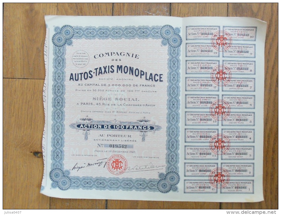 COMPAGNIE DES AUTOS TAXIS MONOPLACE Action De 100 Francs 1923 - Cars