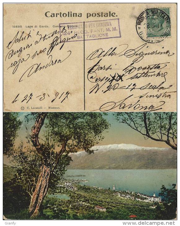 CARTOLINA GARDONE RIVIERA POSTA MILITARE 5 DIVISIONE ALPINA 1917 EDOLO X SAVONA - Military Mail (PM)