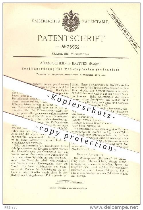 Original Patent - Adam Scheid In Bretten , 1885 , Ventile Für Wasserpfosten , Hydrant , Wasserleitung !!! - Bretten