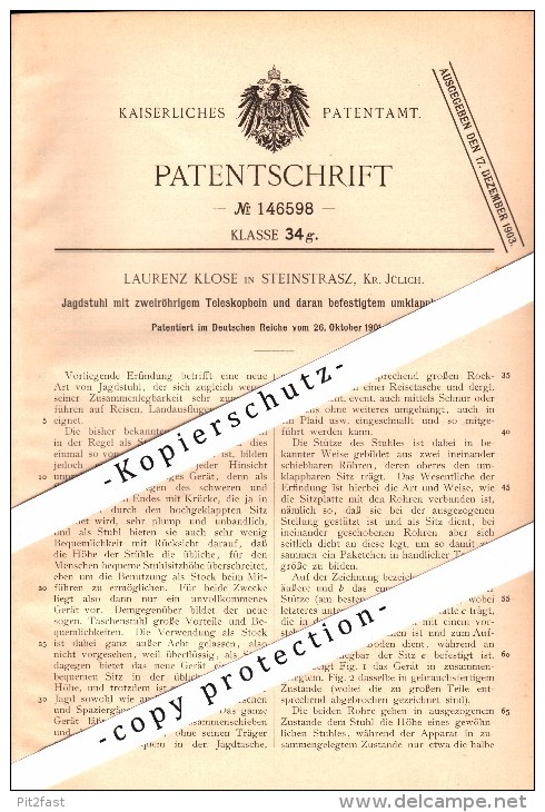 Original Patent - Laurenz Klose In Lich-Steinstraß B. Jülich , 1901 , Jagstuhl Mit Teleskop , Jagd !!! - Juelich