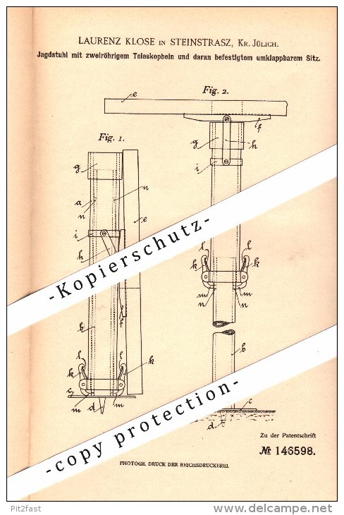 Original Patent - Laurenz Klose In Lich-Steinstraß B. Jülich , 1901 , Jagstuhl Mit Teleskop , Jagd !!! - Juelich