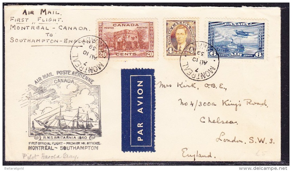 Canada 1939 Montreal To Southhampton UK First Flight Cover - First Flight Covers
