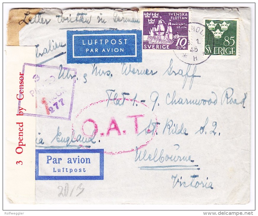 Schweden Zensur Luftpost  O.A.T. Brief Von 3.1.1945 Stockholm Via England Nach Melbourne Australien Mit Kopie Vom Inhalt - Lettres & Documents