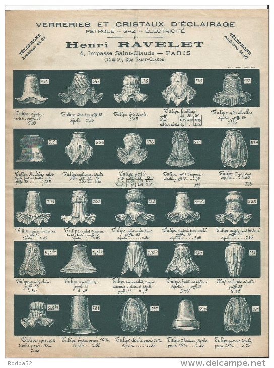 Publicité - Henri Ravelet - Verreries Et Cristaux D'éclairage - Pétrole Gaz électricté - Impasse St Claude Paris- Tarifs - Pubblicitari