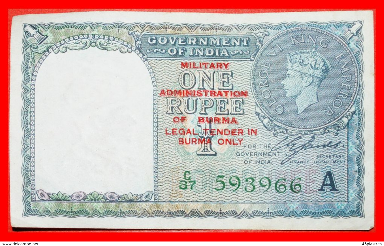 * WITHOUT PIN HOLES: BURMA  1 RUPEE 1940 (1945) MILITARY ADMINISTRATION! UNCOMMON!  LOW STARTNO RESERVE! - Myanmar