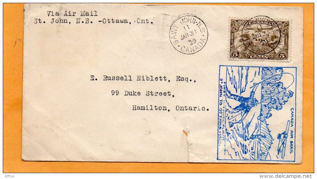 St Johns NB Ottawa Ont Canada 1929 Air Mail Cover Mailed - Premiers Vols