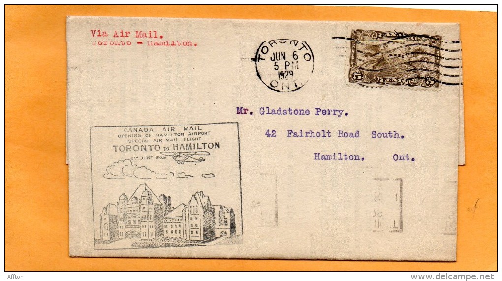 Toronto Hamilton Canada 1929 Air Mail Cover Mailed - Premiers Vols