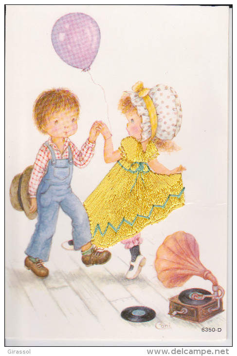 CPSM BRODEE COUPLE ENFANTS DANSE PHONOGRAPHE BALLON DESSIN CONI - Brodées