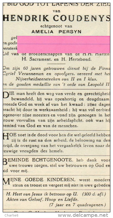 Coudenys Hendrik Persyn Roeselare Rumbeke 1862 1935  Bidprentje Doodsprentje - Religion & Esotericism