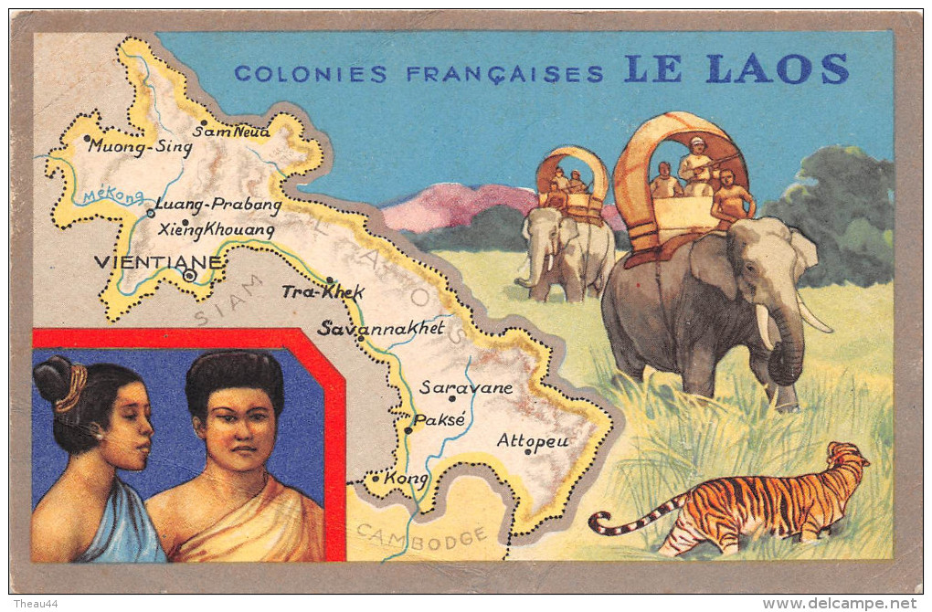 ¤¤  -  Colonies Françaises  -  Le LAOS  -  Eléphants , Tigre  -  Carte Publicitaire Des Produits Du Lion Noir  -  ¤¤ - Laos