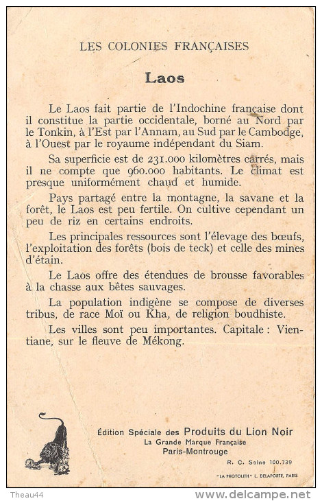 ¤¤  -  Colonies Françaises  -  Le LAOS  -  Eléphants , Tigre  -  Carte Publicitaire Des Produits Du Lion Noir  -  ¤¤ - Laos