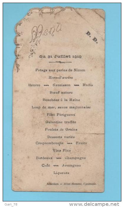 Menu Du 31 Juillet 1919 Hotel HOMME à Caussade (82) - Menus