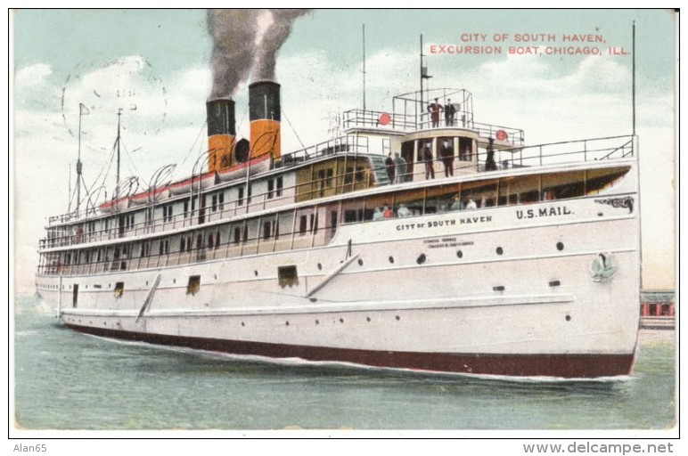 City Of South Haven Steamer Ferry Excursion &amp; US Mail Boat, C1900s Vintage Postcard - Ferries