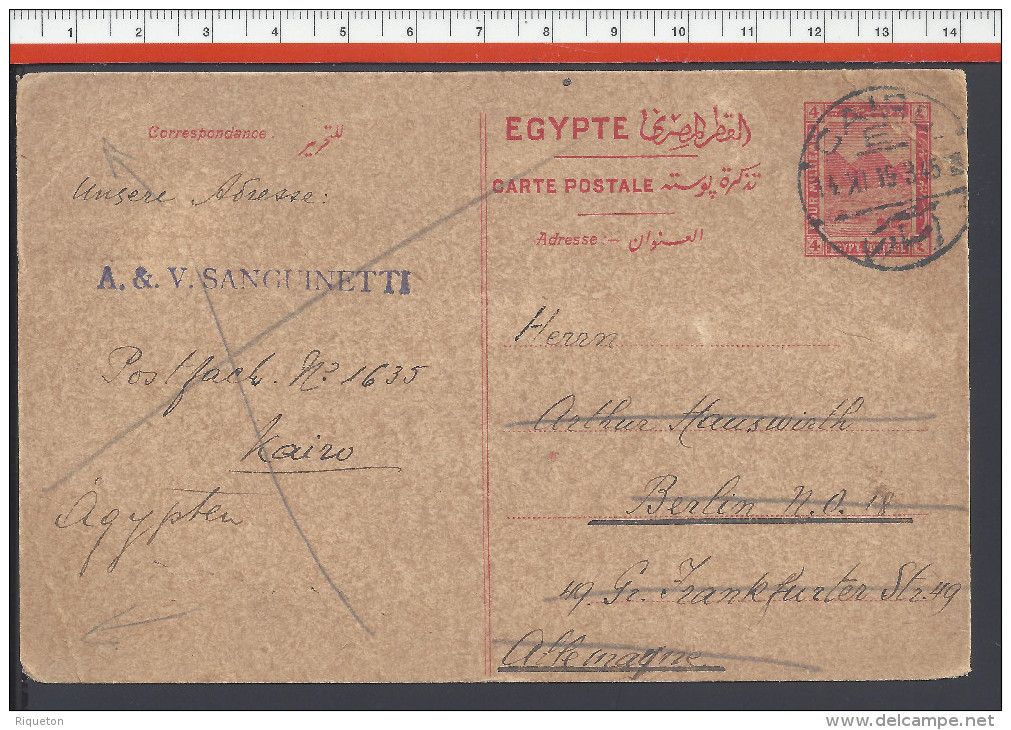 EGYPTE - 1919 -  CARTE ENTIER POSTAL 4 MILLIEMES - CORRESPONDANCE DE CAIRO VERS BERLIN - - 1915-1921 Protectorat Britannique