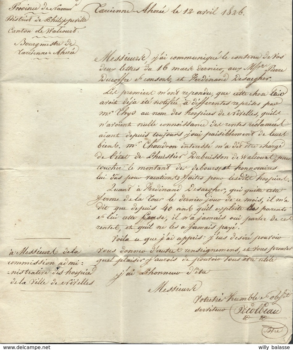 L. Datée De Tarciennes 1826 + Marque CHARLEROI + "2" Pour Nivelles - 1815-1830 (Periodo Holandes)