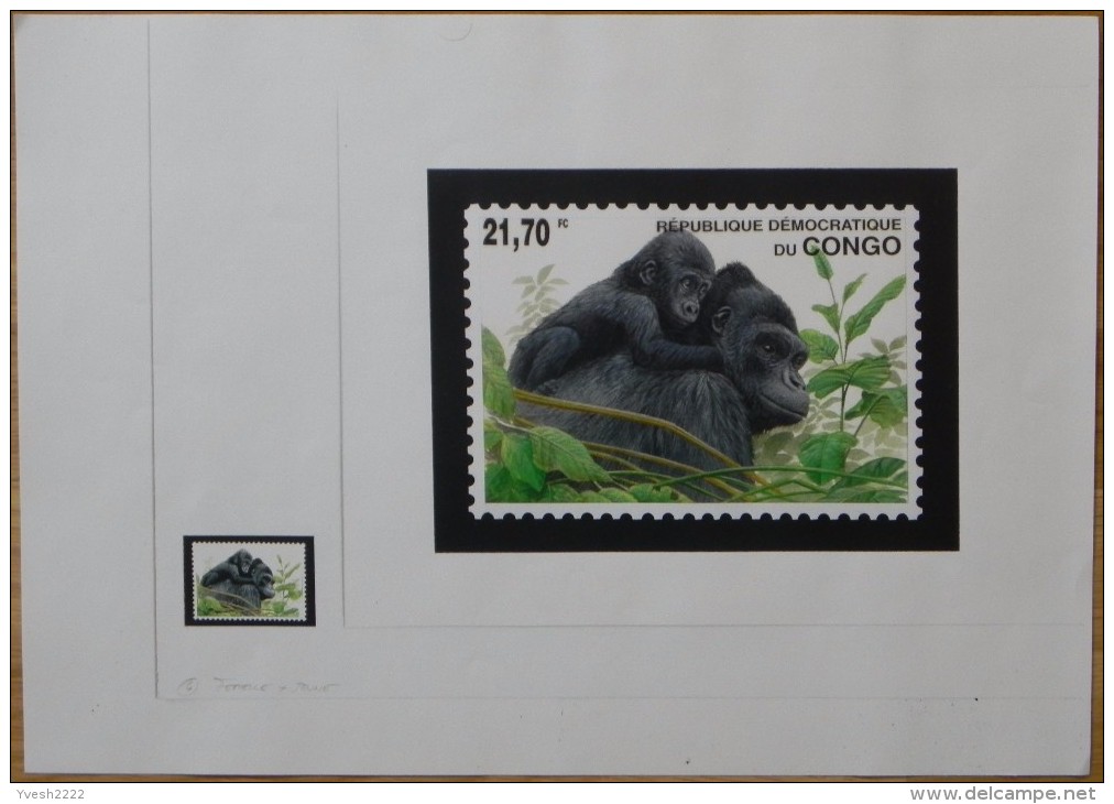 Congo Kin 2002 COB 1227/30. 4 Dessins Originaux, Du Dessinateur André Buzin à L´imprimeur, WWF, Gorilles. Unique - Gorilas