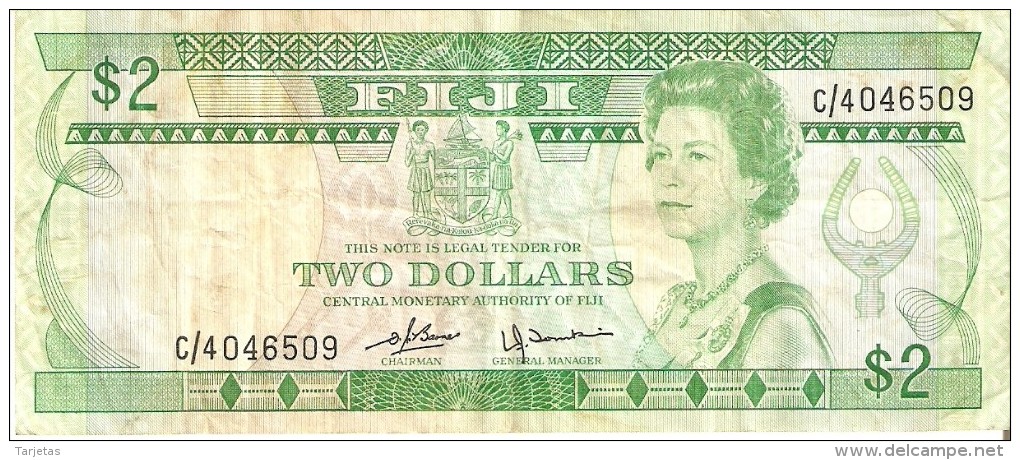 BILLETE DE FIJI DE 2 DOLLARS DEL AÑO 1980    (BANKNOTE) TREN-TRAIN-ZUG - Fiji