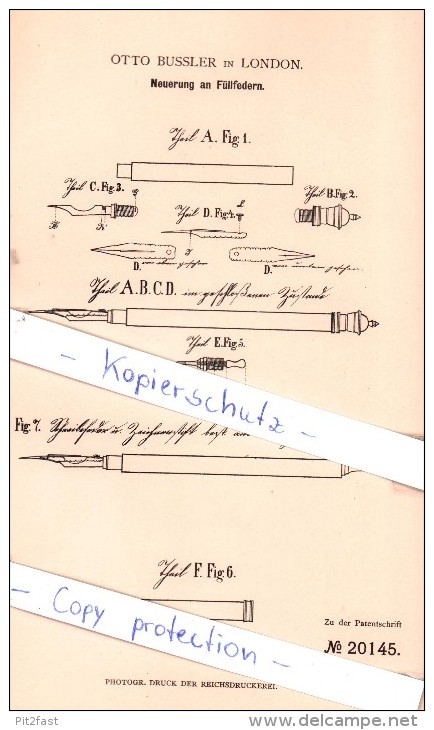 Original Patent - Otto Bussler In London , 1882 , Neuerung An Füllfedern , Federhalter , Füller !!! - Schreibgerät