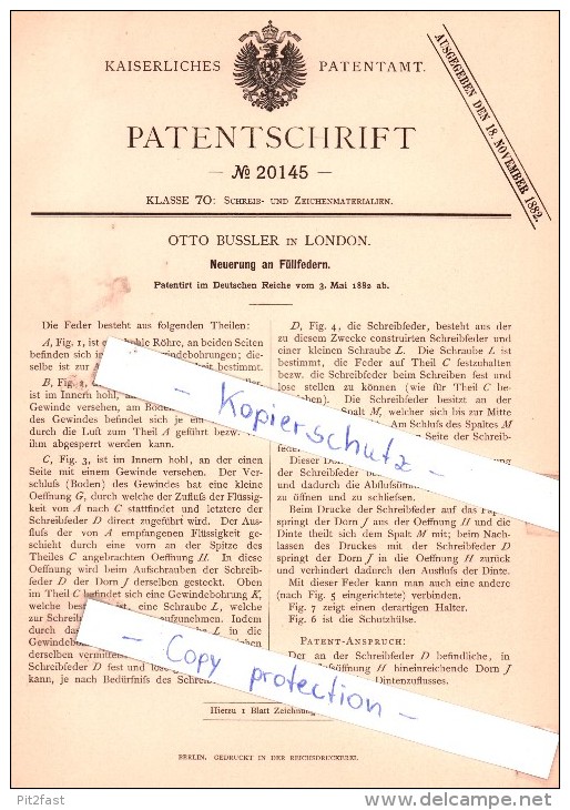 Original Patent - Otto Bussler In London , 1882 , Neuerung An Füllfedern , Federhalter , Füller !!! - Schreibgerät