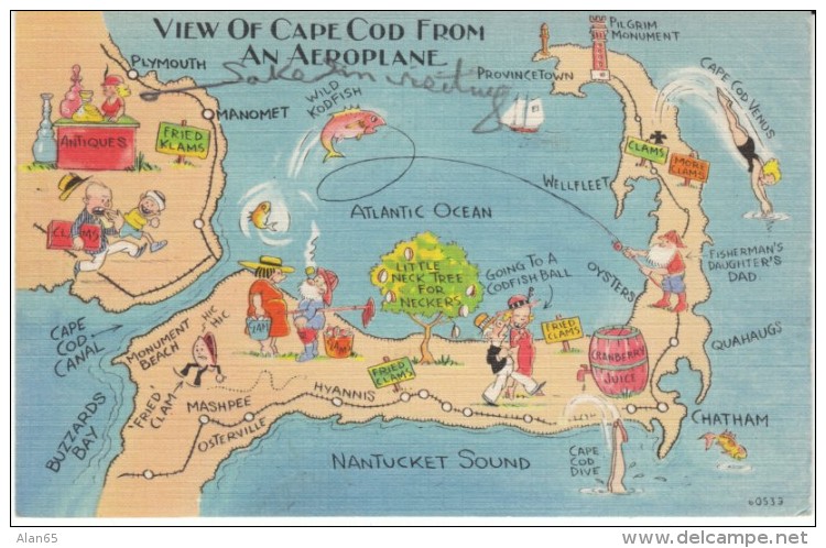 Cape Cod Massachusetts, Map Of Cape Cod Railroad Lines Comic People Antique Store Fishing C1930s Vintage Linen Postcard - Cape Cod