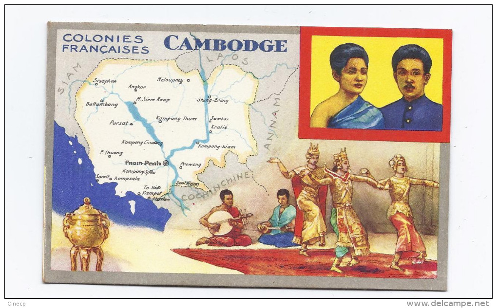 CPA CAMBODGE - COLONIES FRANCAISES - TB CP Illustrée Carte Géographique , Portrait Souverains DANSE , Etc...LION NOIR - Cambodia
