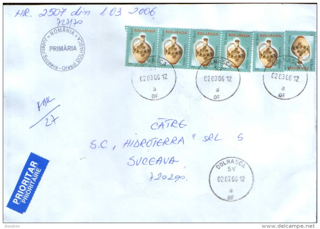 Romania - Registerd  Letter Circulated In 2006 With A "stripe" Of 5 Stamps ,popular Ceramics - Lettres & Documents