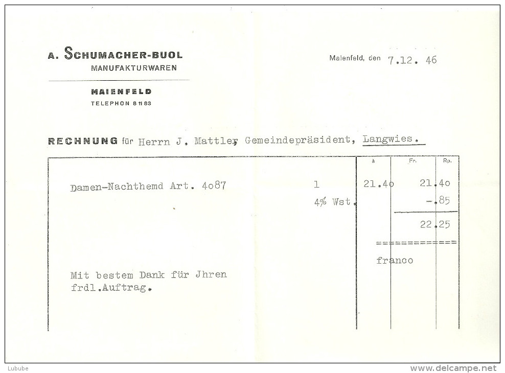 Rechnung  "A.Schumacher-Buol, Manufakturwaren, Maienfeld"          1946 - Schweiz