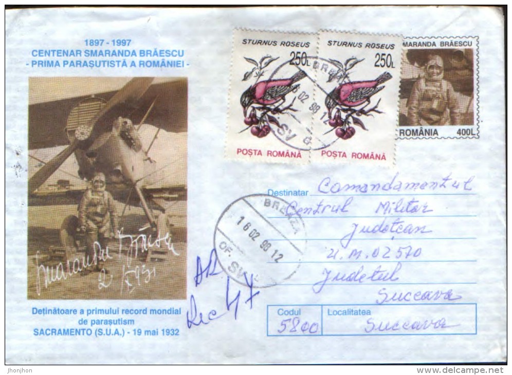 Romania -  Stationery Cover 1997 Used- Smaranda Braescu, Owner Of The First World Record Parachuting, Sacramento 1932 - Parachutisme