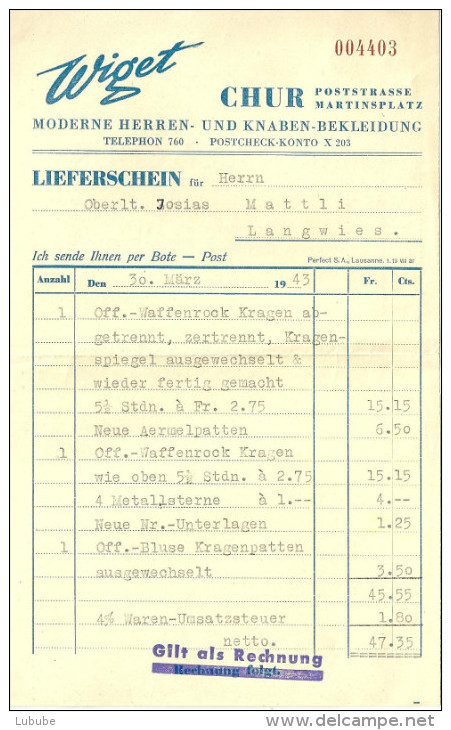 Rechnung  "Wiget, Herrenbekleidung, Chur"          1943 - Suiza