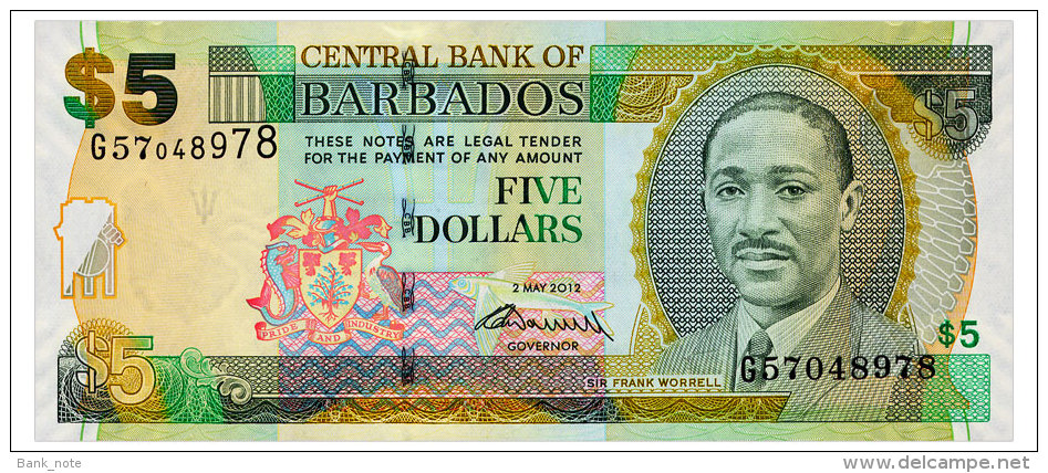 BARBADOS 5 DOLLARS 2012 Pick 67c Unc - Barbados