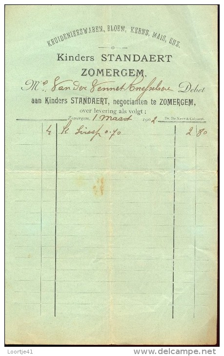 Faktuur Facture - Kruidenier Kinders Standaert - Zomergem 1902 - Levensmiddelen