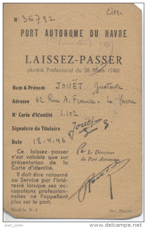 76  - LE HAVRE -  LAISSEZ PASSER  - PORT AUTONOME DU HAVRE  -  1946 - Navegación