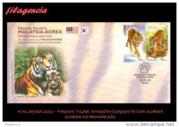 ASIA. MALAYSIA SPD-FDC. 2010 EMISIÓN CONJUNTA MALAYSIA-COREA DEL SUR. FAUNA. TIGRES - Malasia (1964-...)