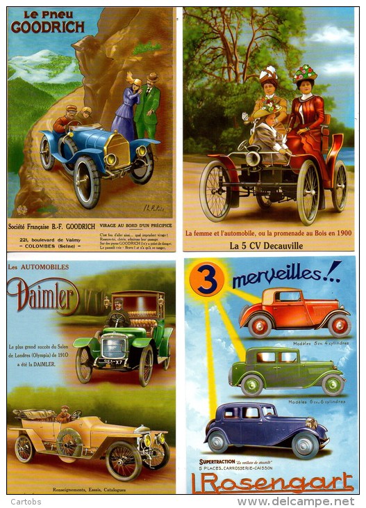 LOT De 4 CPM : Publicité Des Anciennes Automobiles ( La 5cv Decauville,la Rosengart,Pneu Goodrich,Daimler) - Voitures De Tourisme