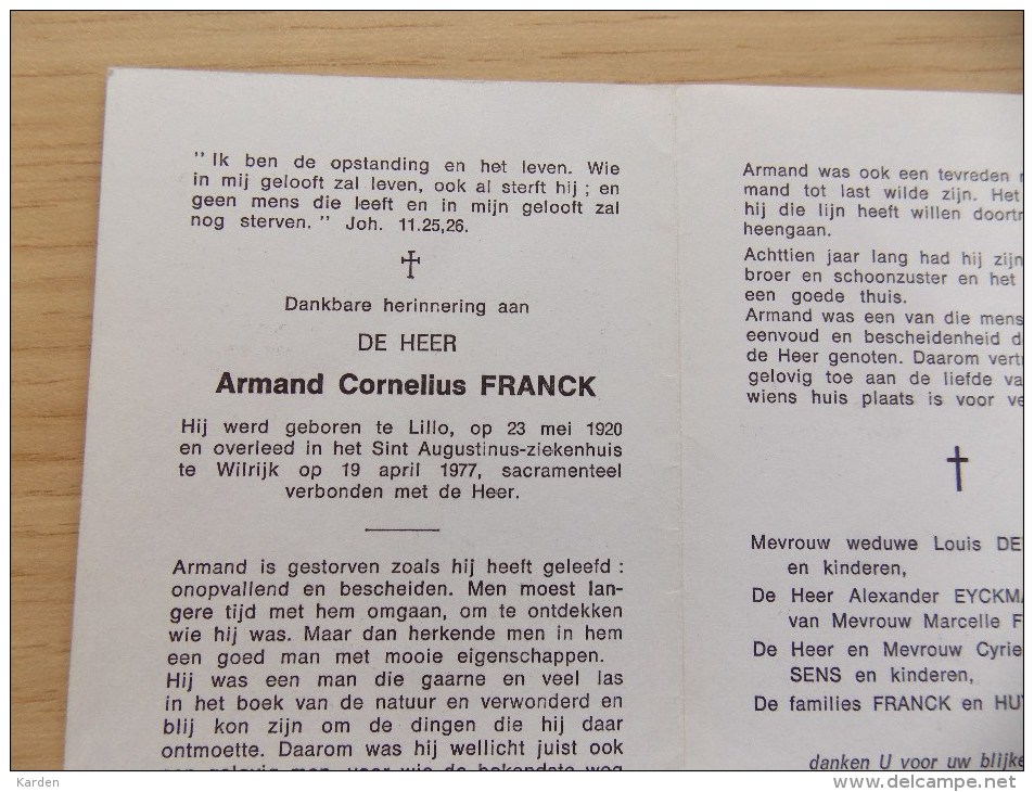 Doodsprentje Armand Cornelius Franck Lillo 23/5/1920 Wilrijk 19/4/1977 - Religione & Esoterismo