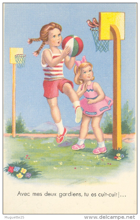 Carte Postale Dessinée -enfants Jouant Au Basket - Oiseaux "style Germaine Bouret" - Cartoline Umoristiche