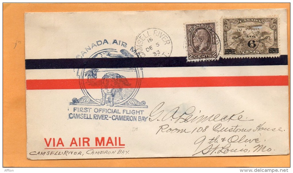 Camsell River Cameron Bay Canada 1933 First Air Mail Cover Mailed - First Flight Covers