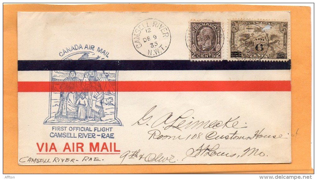 Camsell River Rae Canada 1933 First Air Mail Cover Mailed - Premiers Vols