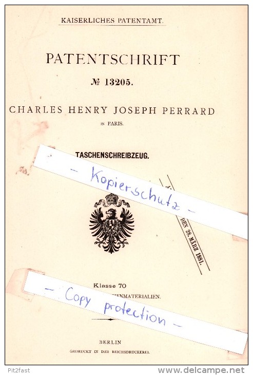 Original Patent - Charles Henry Joseph Perrard In Paris , 1880 , Taschenschreibzeug !!! - Schreibgerät