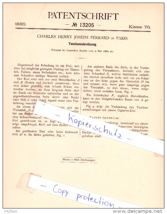 Original Patent - Charles Henry Joseph Perrard In Paris , 1880 , Taschenschreibzeug !!! - Schreibgerät