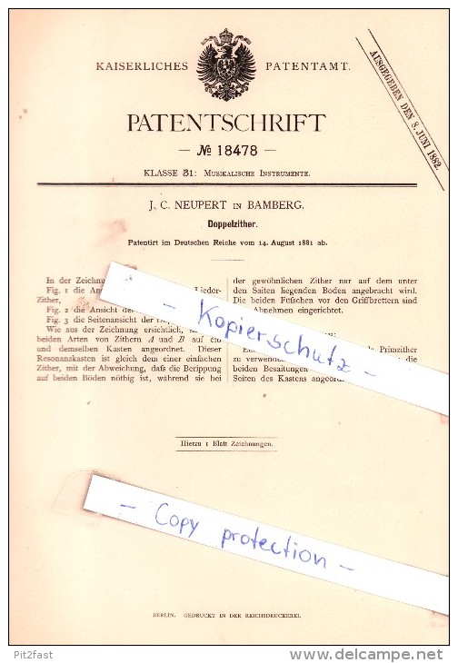 Original Patent - . C. Neupert In Bamberg , 1881 , Doppelzither , Zither  !!! - Instruments De Musique