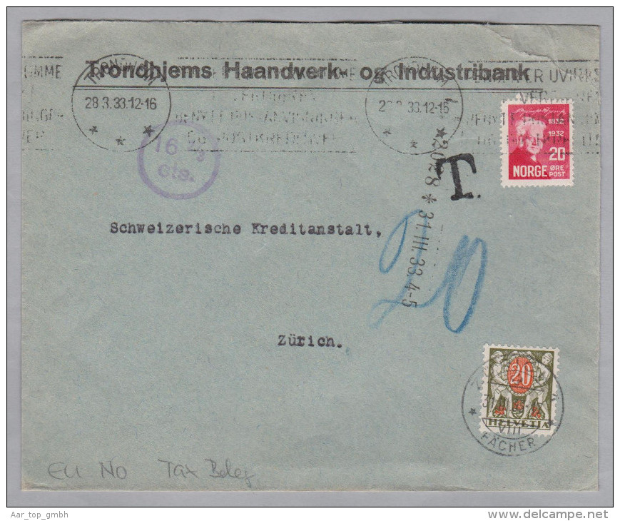 Norwegen 1933-03-28 Trondheim Taxierter Brief In Zürich - Lettres & Documents