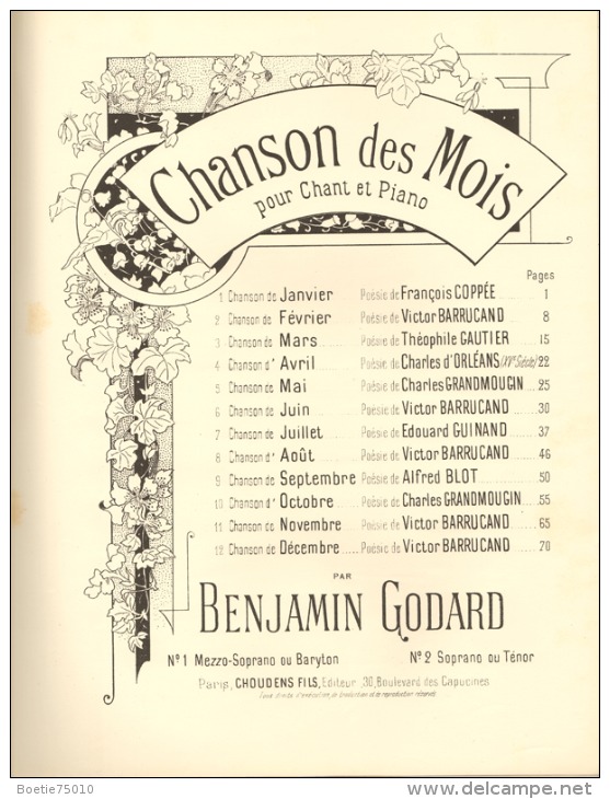 Partition, Chanson Des Mois, Recueil De 12 Mélodies  De Benjamin Godard. - Partitions Musicales Anciennes