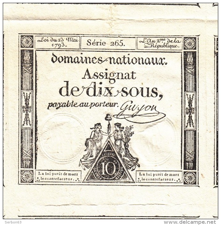 FEUILLE 20 ASSIGNATS PLANCHE AVEC FAUTE N° 26b - 10 SOUS - 23 MAI 1793 SERIE 265 - SITE Serbon63 DES MILLIERS D'ARTICLES - Assignats & Mandats Territoriaux