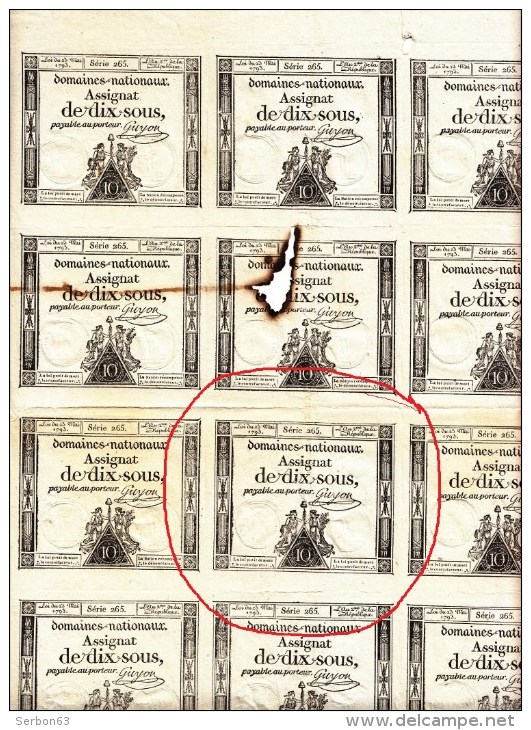 FEUILLE 20 ASSIGNATS PLANCHE AVEC FAUTE N° 26b - 10 SOUS - 23 MAI 1793 SERIE 265 - SITE Serbon63 DES MILLIERS D'ARTICLES - Assignats