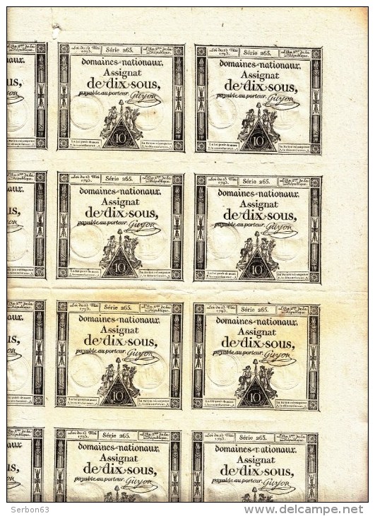 FEUILLE 20 ASSIGNATS PLANCHE AVEC FAUTE N° 26b - 10 SOUS - 23 MAI 1793 SERIE 265 - SITE serbon63 DES MILLIERS D'ARTICLES