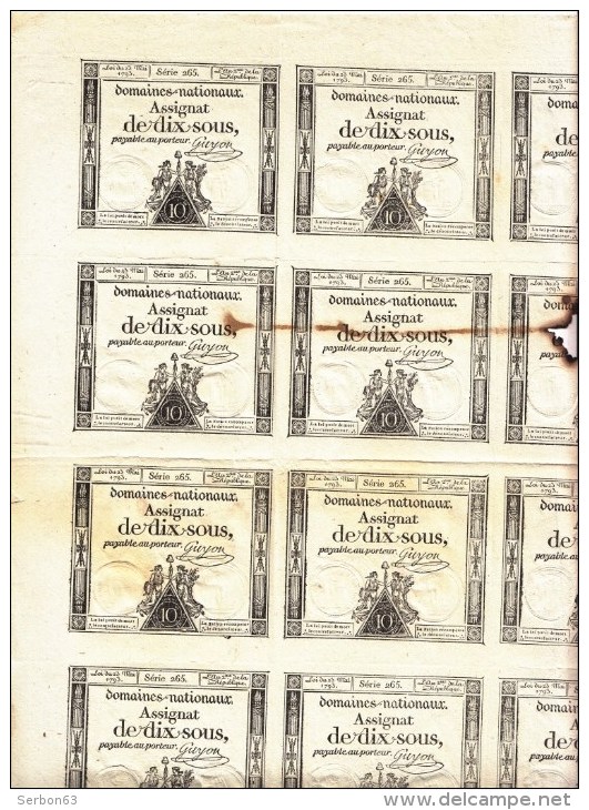 FEUILLE 20 ASSIGNATS PLANCHE AVEC FAUTE N° 26b - 10 SOUS - 23 MAI 1793 SERIE 265 - SITE serbon63 DES MILLIERS D'ARTICLES