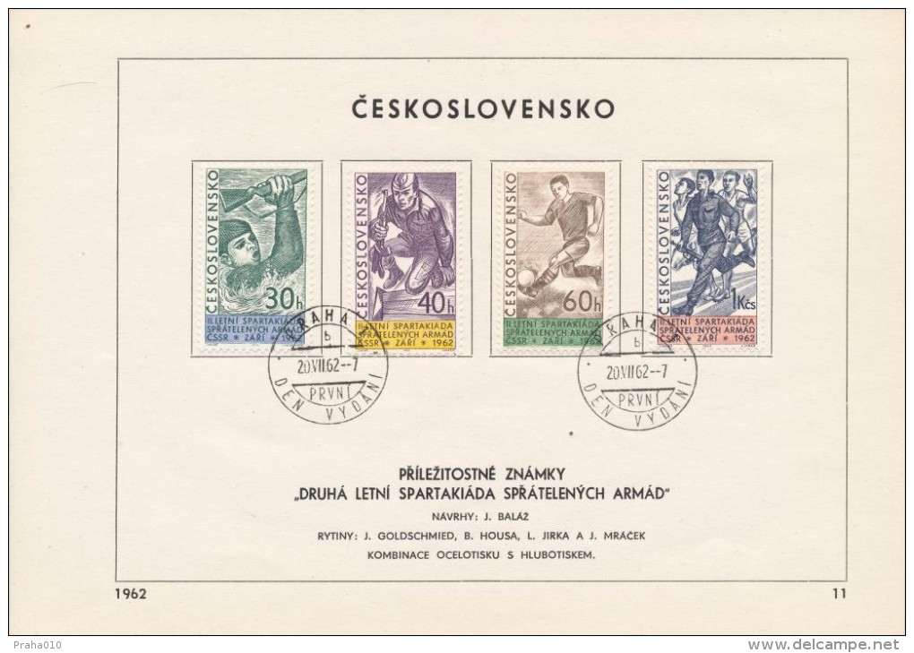 Czechoslovakia / First Day Sheet (1962/11) Praha 1 (b): Army Sports Games (swimming, Running, Soccer, ...) - Storia Postale