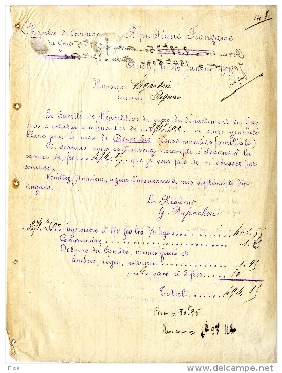 AUCH CHAMBRE DE COMMERCE DU GERS   COMITE DE REPARTITION DU SUCRE  -  JANVIER 1919 - Levensmiddelen