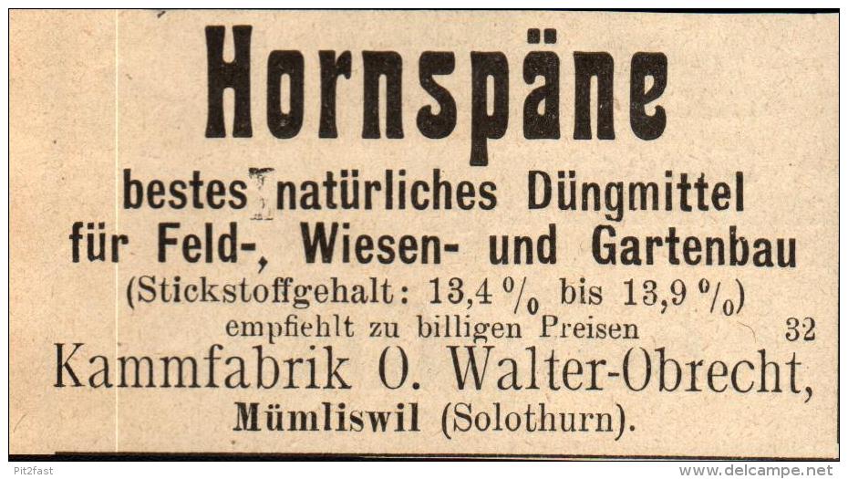 Original Werbung - 1911 - Hornspäne , Kammfabrik O. Walter-Obrecht , Mümliswil B. Solothurn , Mümliswil-Ramiswil !!! - Mümliswil-Ramiswil